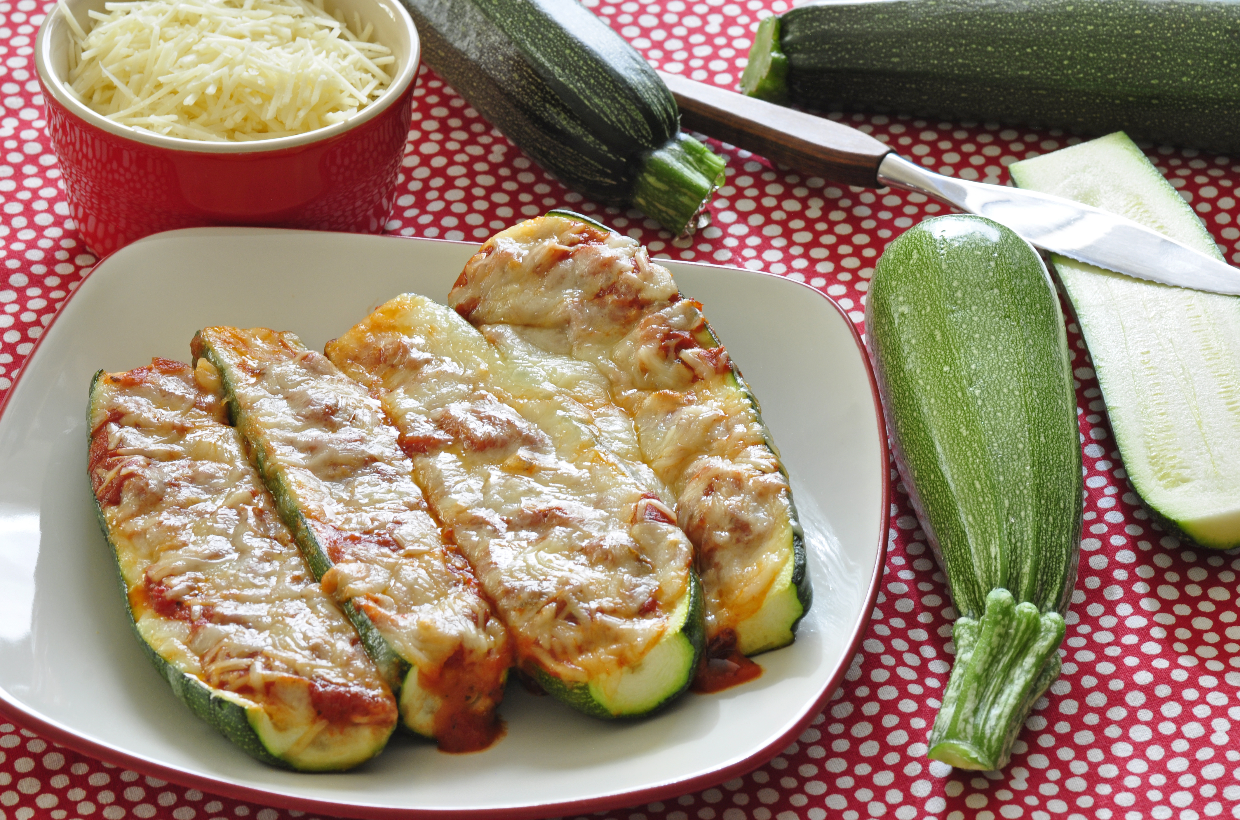 Zucchini Pizza Boats on Table 