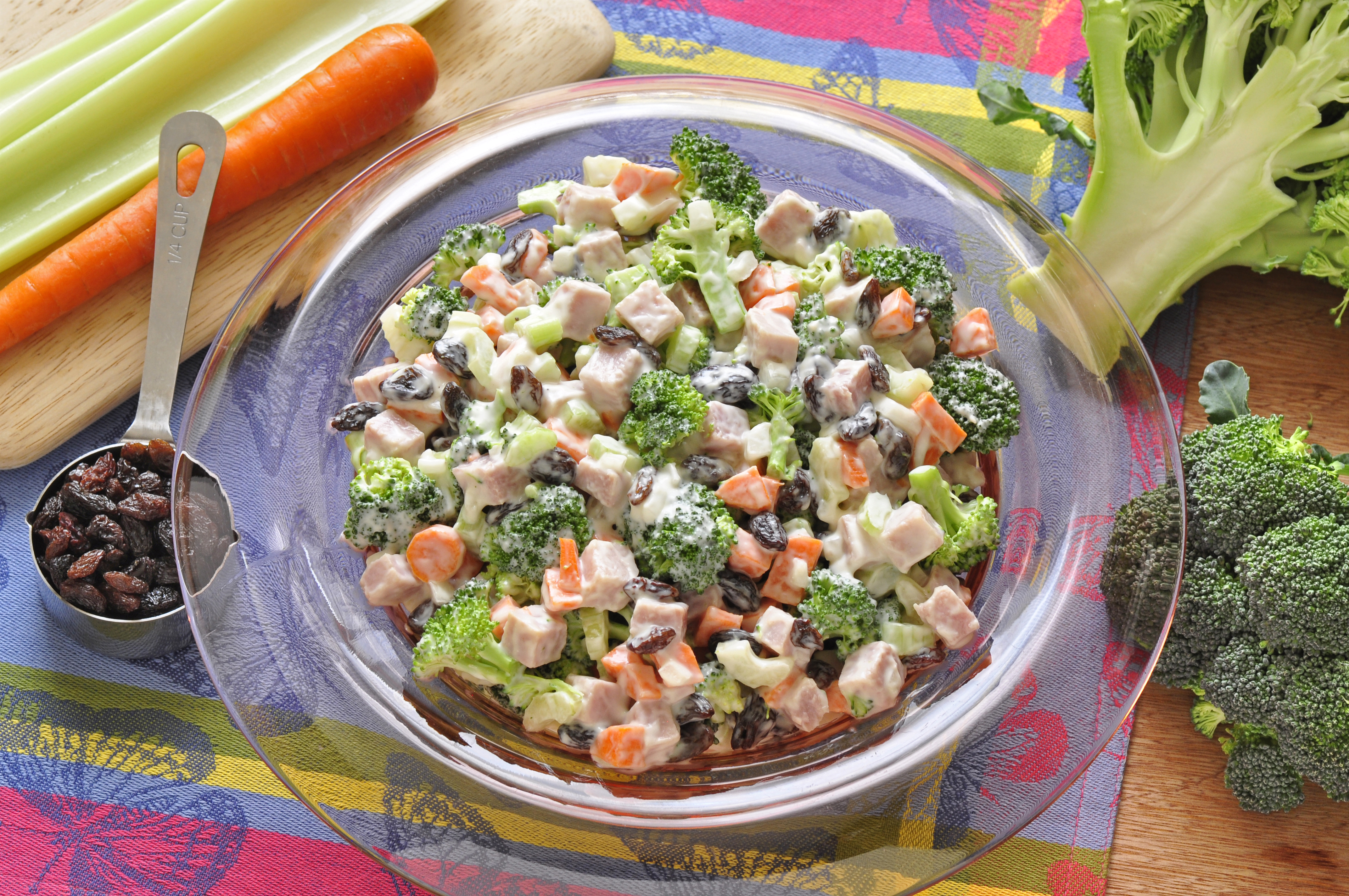 Broccoli and Everything Salad in glass bowl