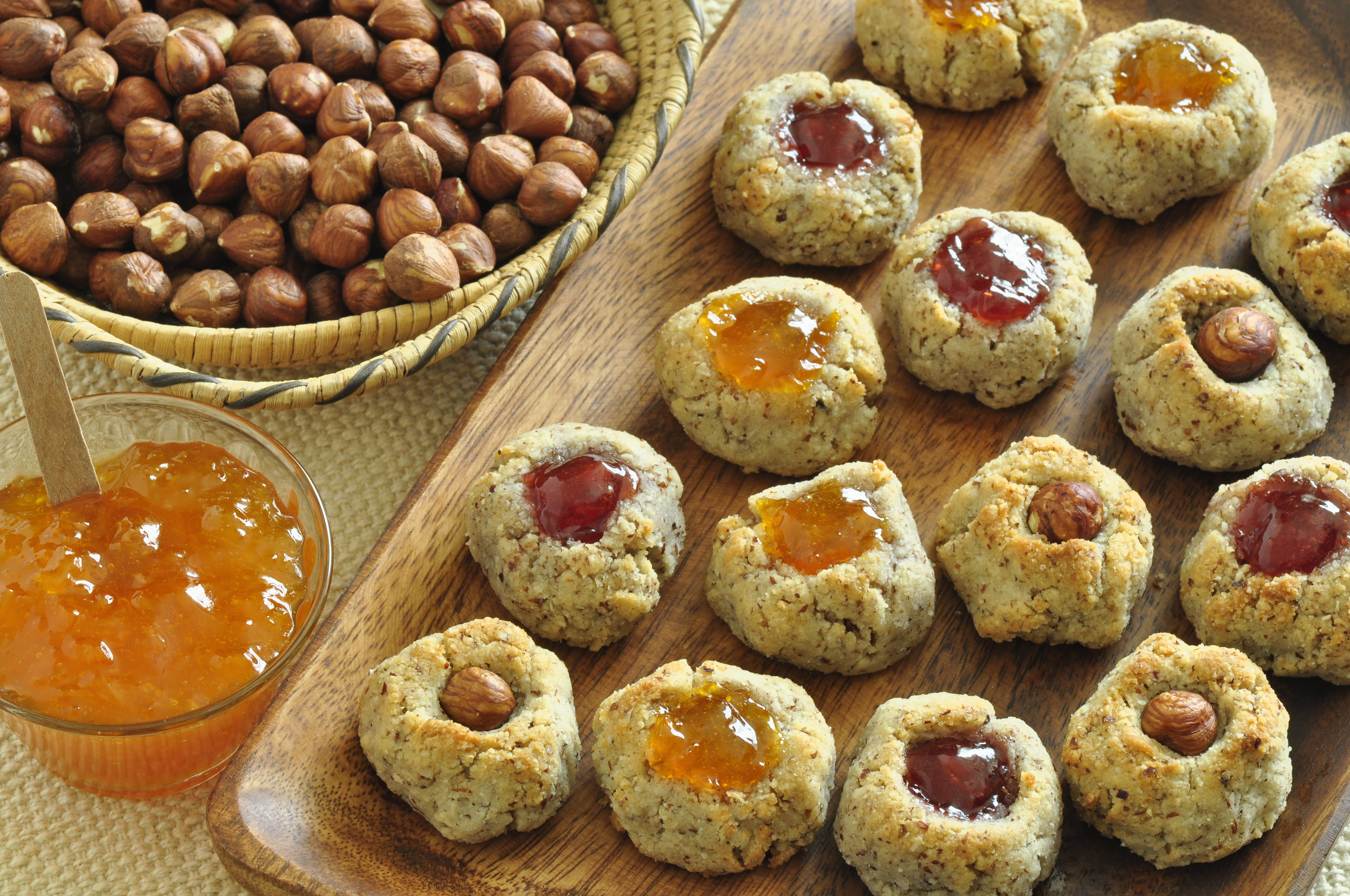 Hazenlnut Thumbprint Cookies on platter 