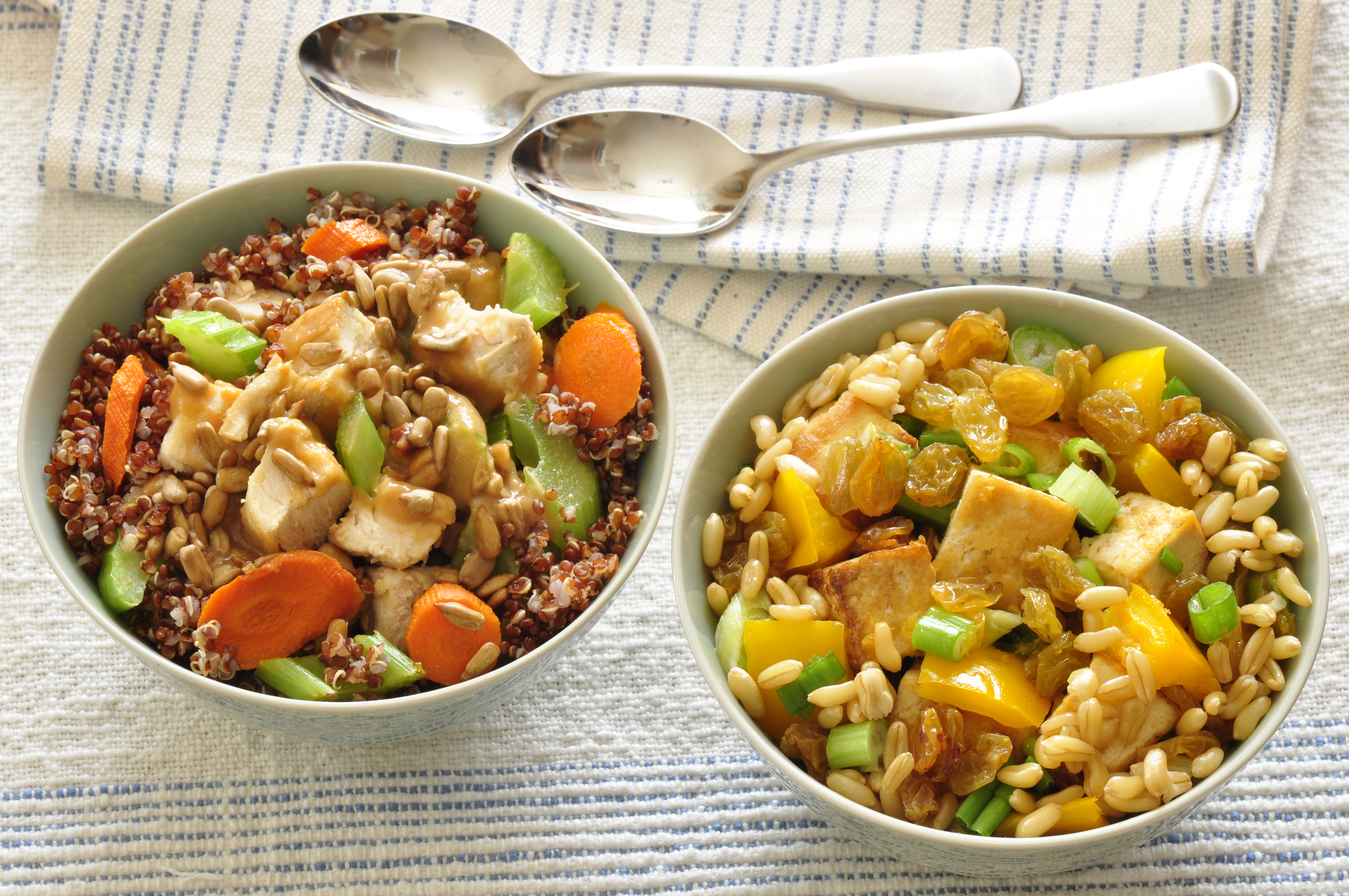 Two grain bowls, one with chicken and one with tofu