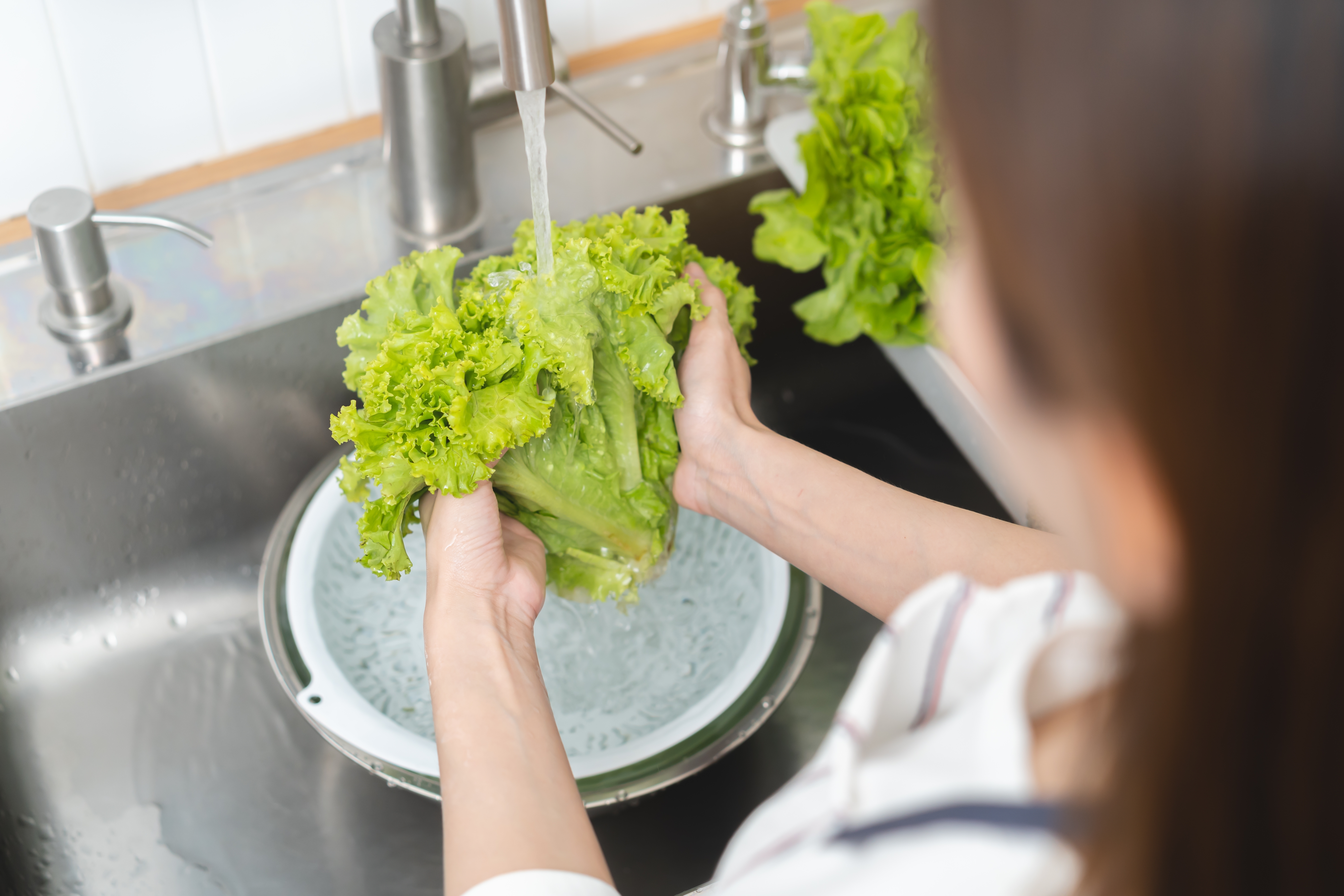 Woman washing lettuce in a sink with a colander