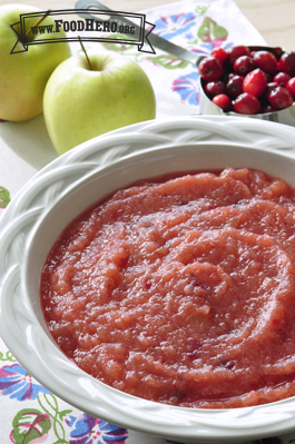 Bowl of smooth apple and cranberry puree.