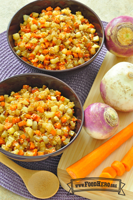 Bowls of cubed turnips and carrots with sauce.