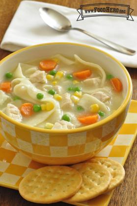 Bowl of chicken noodle soup served with crackers. 