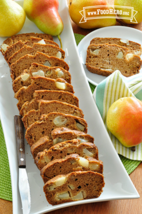 Platter with slices of golden brown pear bread.