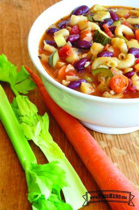 Bowl of vegetable and macaroni noodle soup.