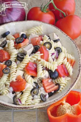 Bowl of spiral pasta, chicken and vegetables.