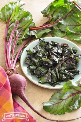 Plate of dark green beet leaves.