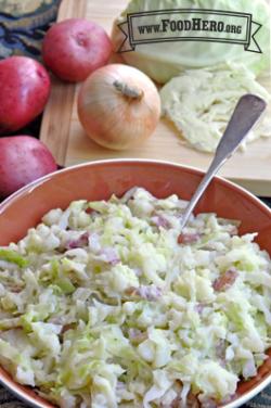 Medium bowl of creamy potato and cabbage mix.