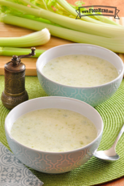 Bowls of textured celery with a smooth creamy soup base.