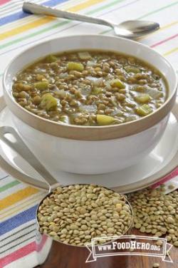 Bowl of green lentil soup.