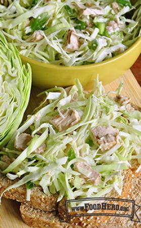 Tuna Cabbage Salad served on slices of toast. 