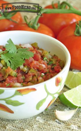 Medium bowl of diced tomato salsa with cilantro. 