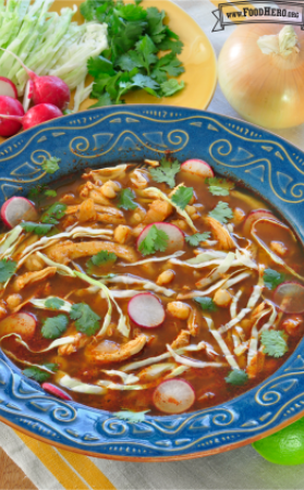 Large bowl of pozole soup sprinkled with cilantro. 