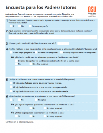 Parent Recipe Survey - Spanish